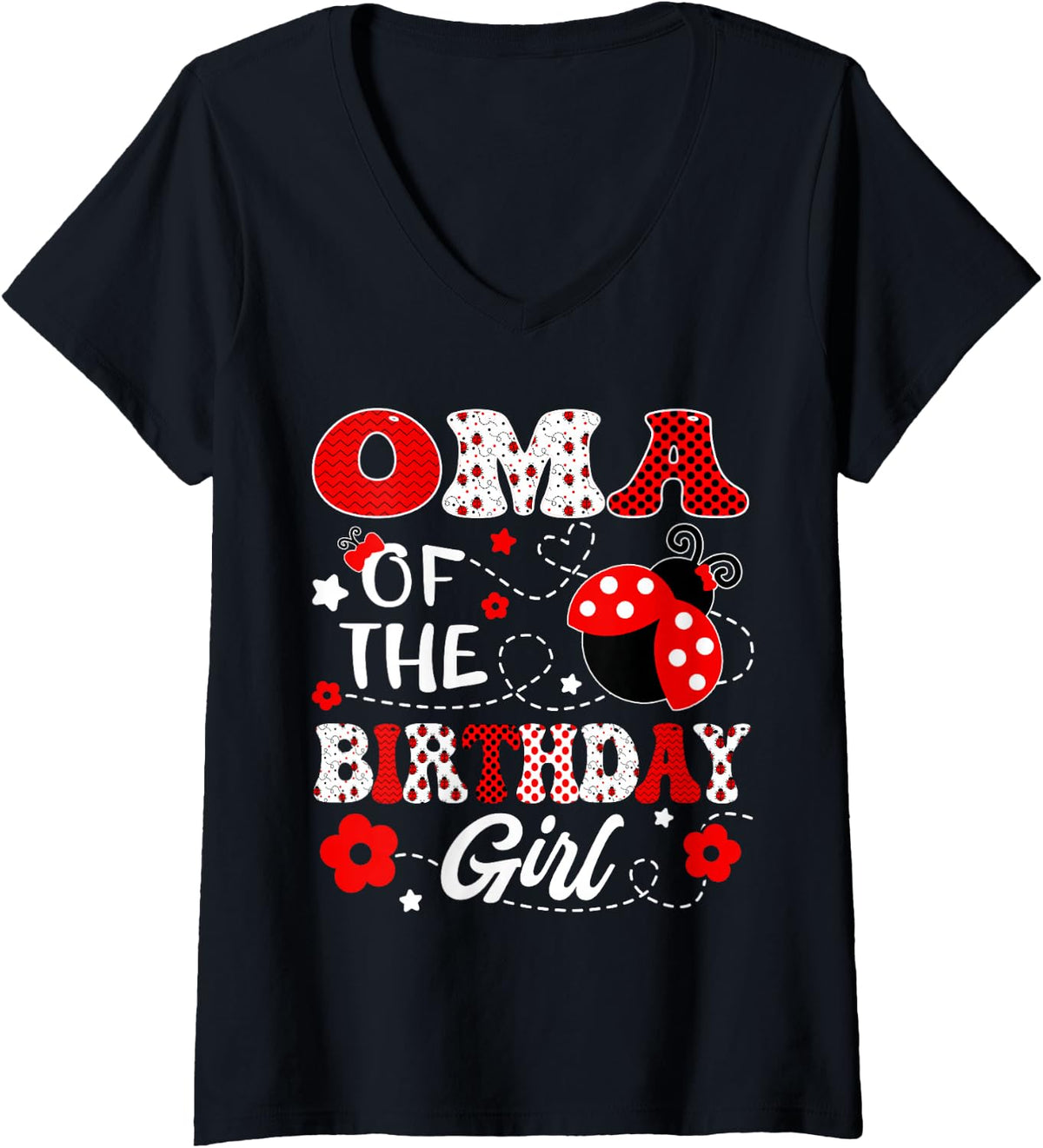 Women's Oma of The Birthday Girl Lady Bug Birthday Party V-Neck T-Shirt - Black