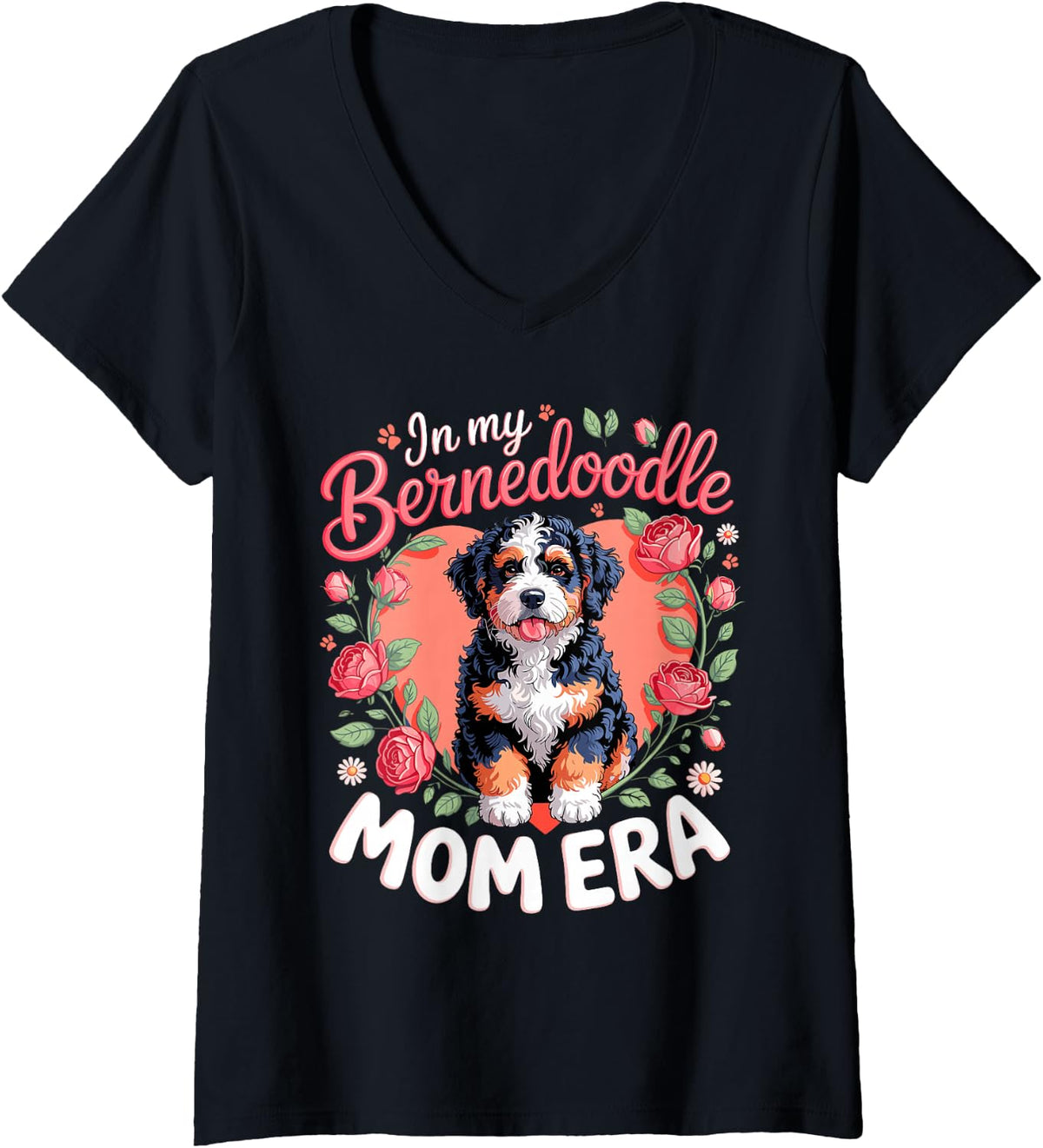Women's in My Bernedoodle Mom Era Doodle Dog Mother Owner Bernese V-Neck T-Shirt - Black