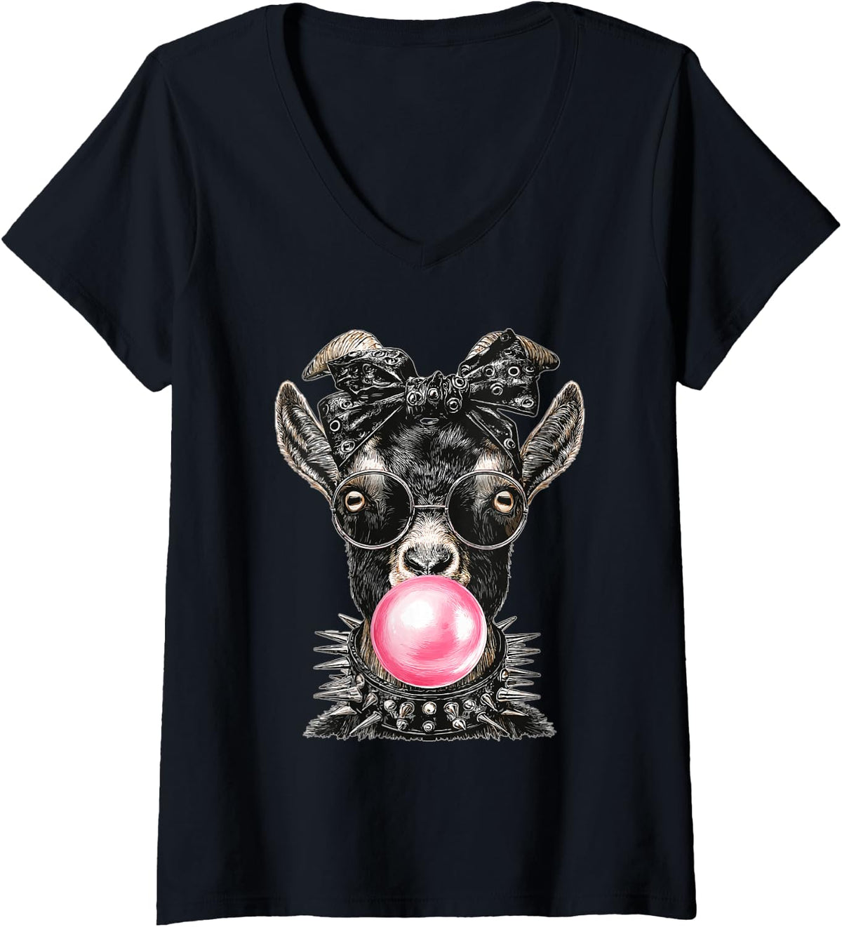 Women's Glam Goat with Sunglasses Punk Animal Bubblegum Gothic V-Neck T-Shirt - Black