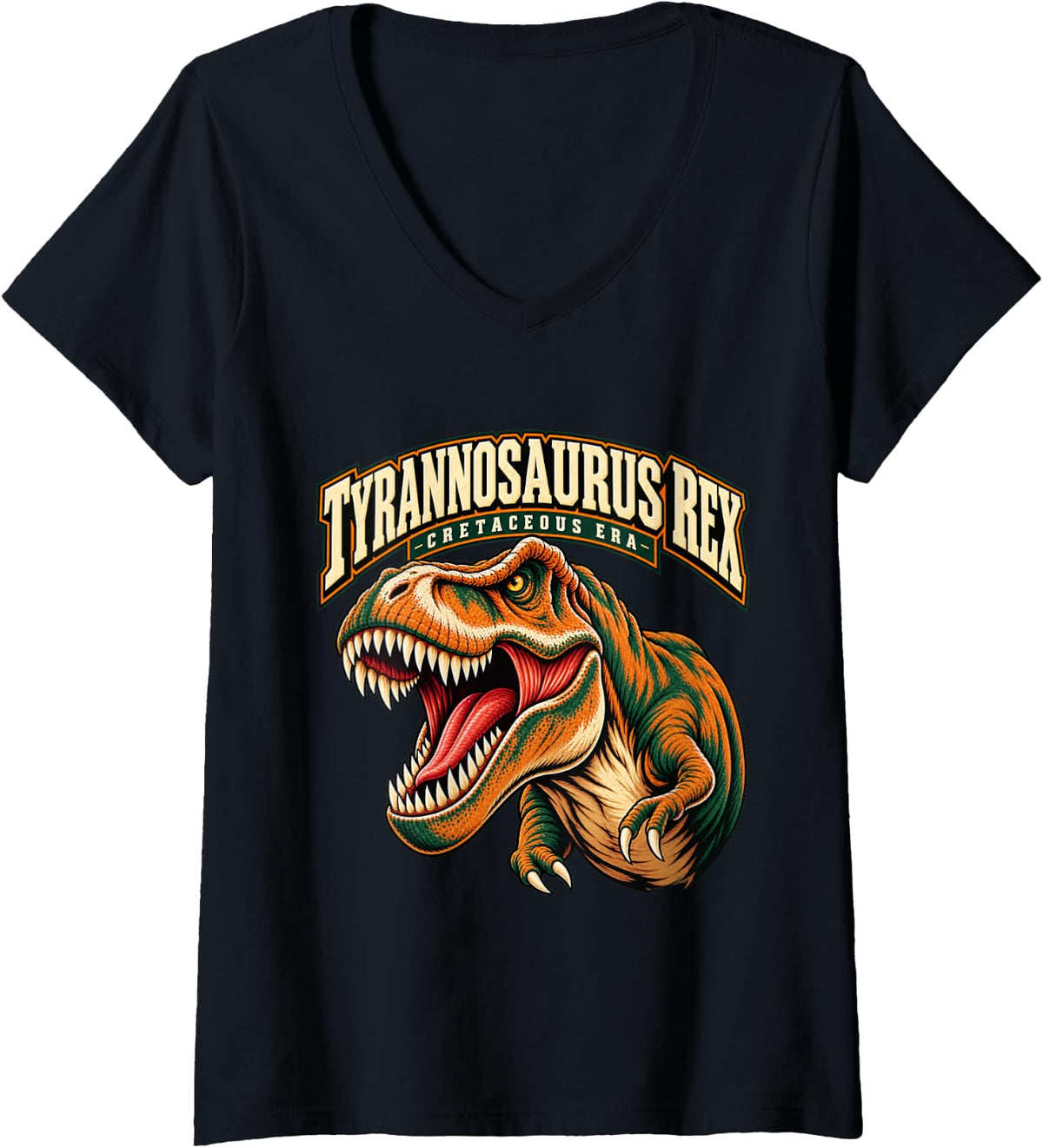Women's Roaring T Rex Cretaceous Era Dinosaur Paleontology V-Neck T-Shirt - Black