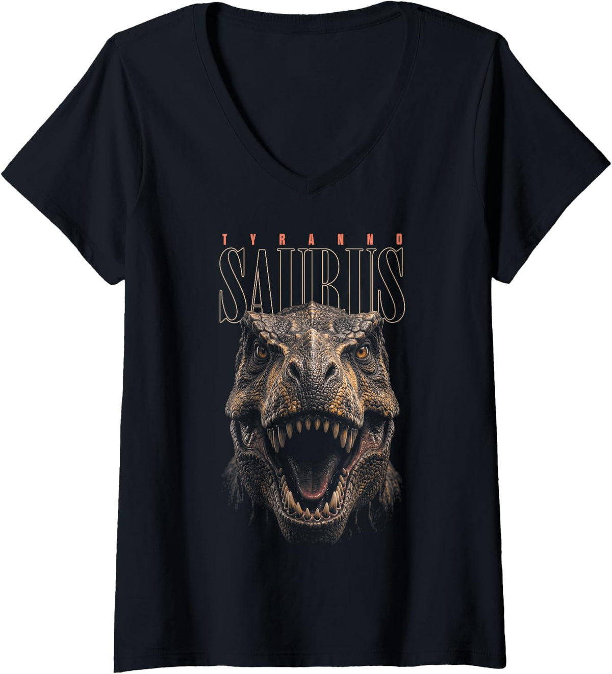 Women's Tyrannosaurus Rex Face Dinosaur Wildlife Nature Dino T-Rex V-Neck T-Shirt - Black