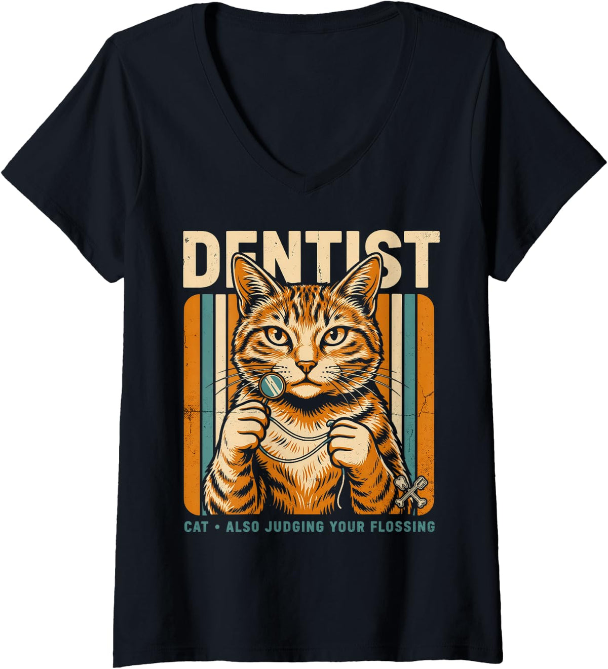 Women's Dentist Cat Also Judging Your Flossing Humor V-Neck T-Shirt - Black
