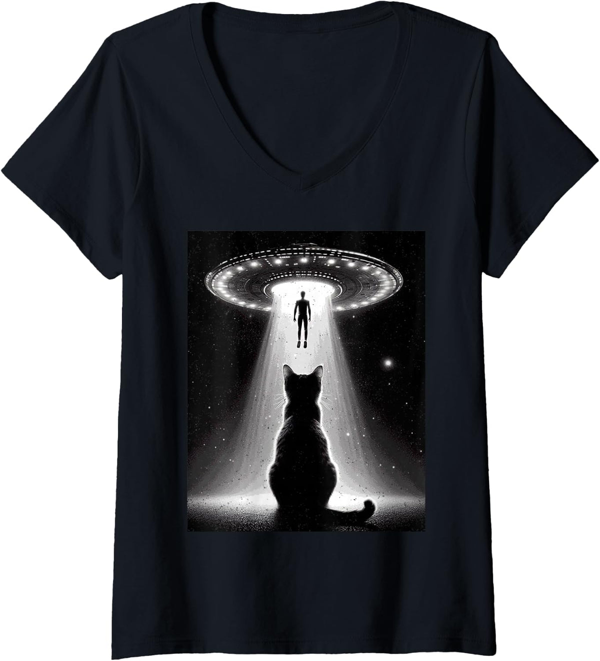 Women's UFO Abduction Cat Moon Day Alien Kitten Lover Feline Owner V-Neck T-Shirt - Black
