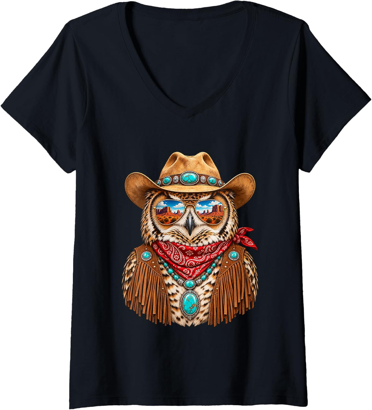 Women's Glam Owl with Sunglasses and Cowboy Hat Western Boho V-Neck T-Shirt - Black