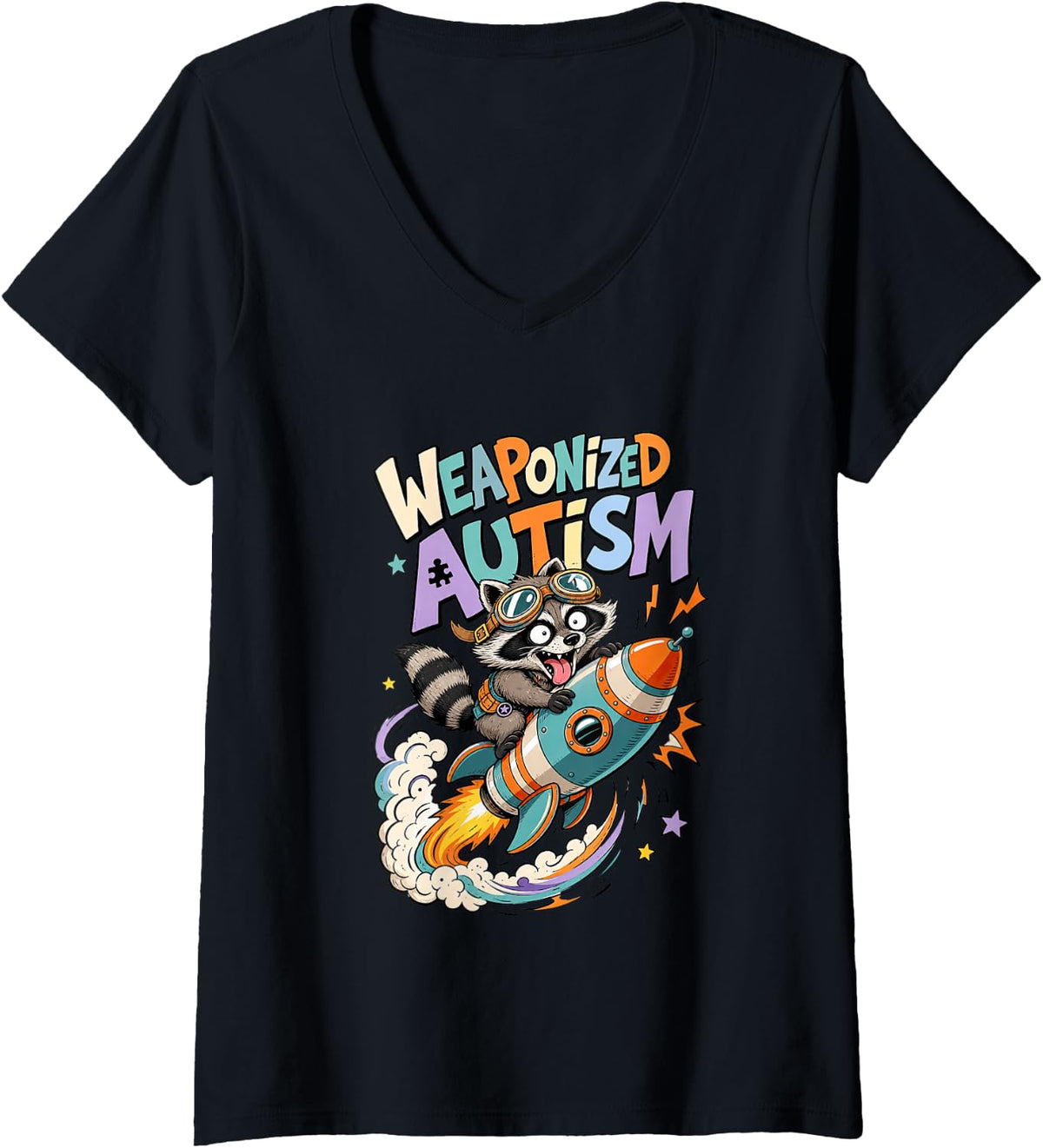 Women's Weaponized Autism Funny Raccoon Rocket Puzzle Men Women V-Neck T-Shirt - Black