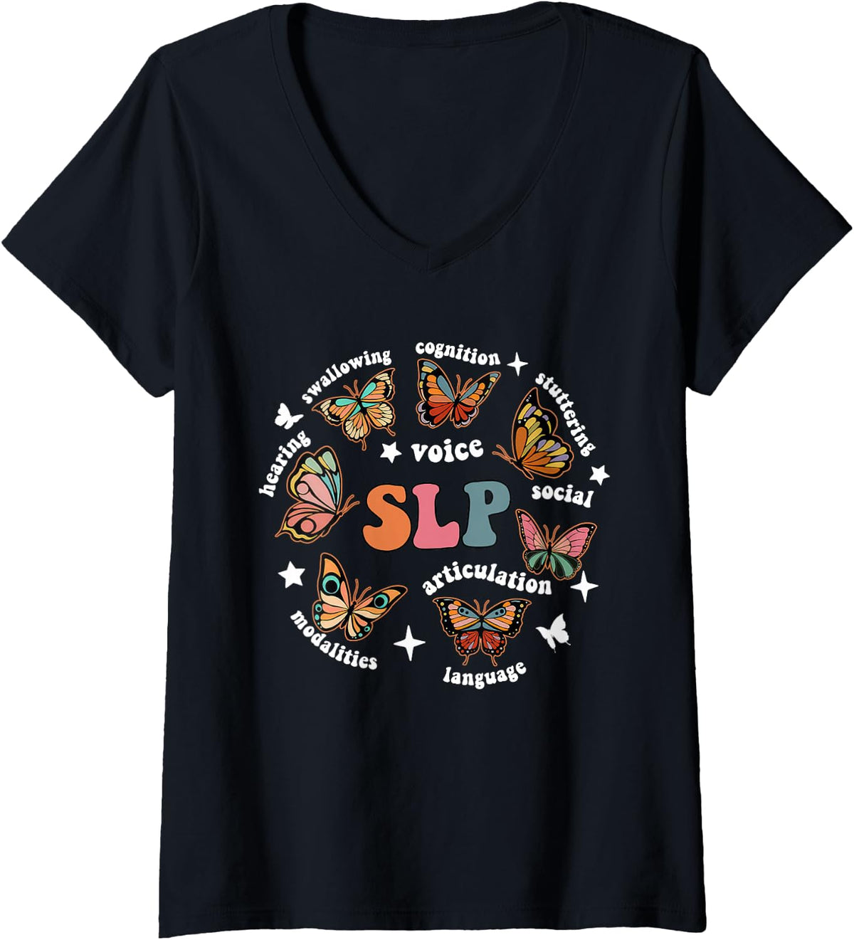 Women's SLP Speech Therapy Butterfly Speech Language Pathologist V-Neck T-Shirt - Black