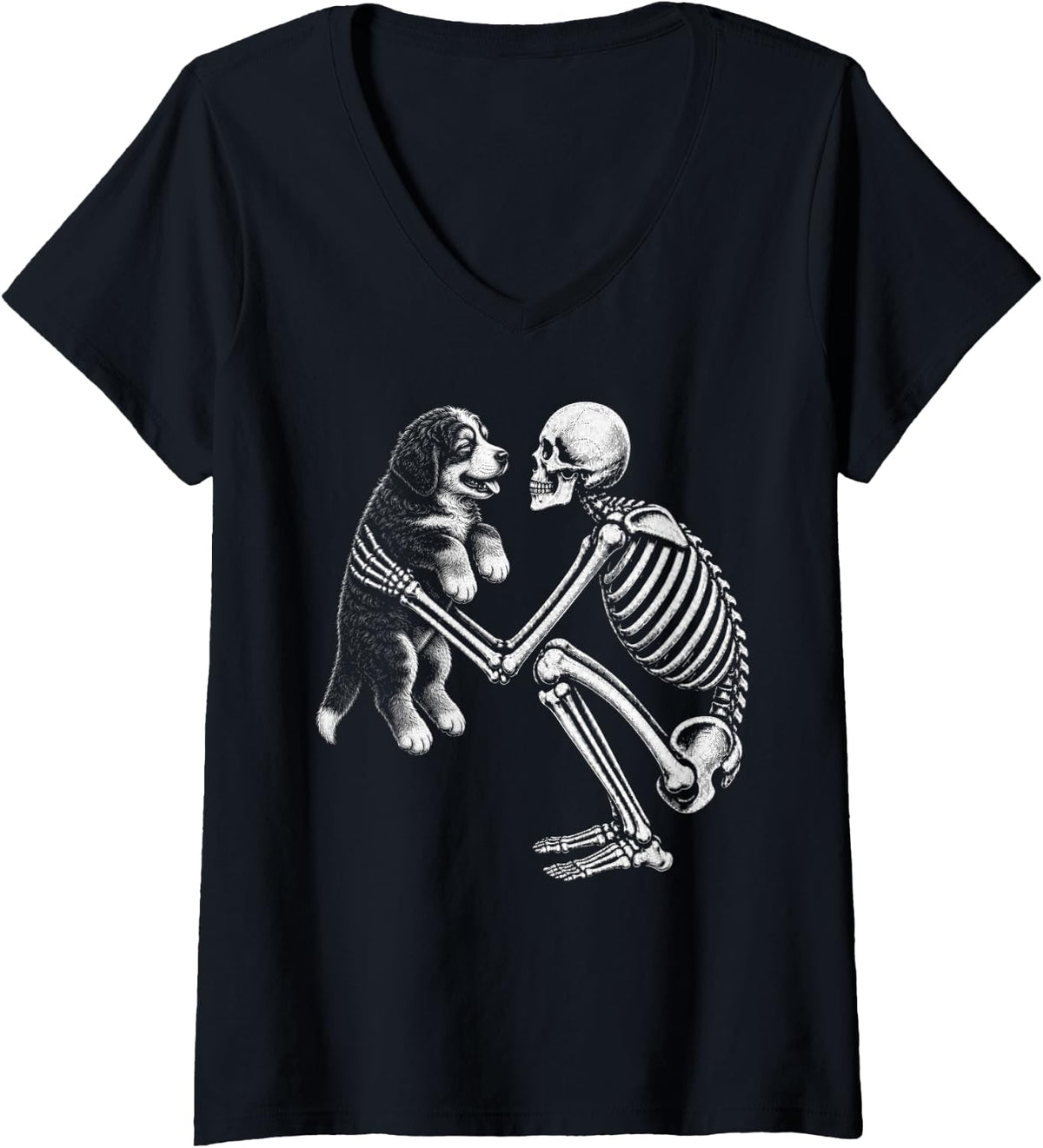 Women's Skeleton Holding Bernedoodle Retro Halloween Doodle Dog V-Neck T-Shirt - Black