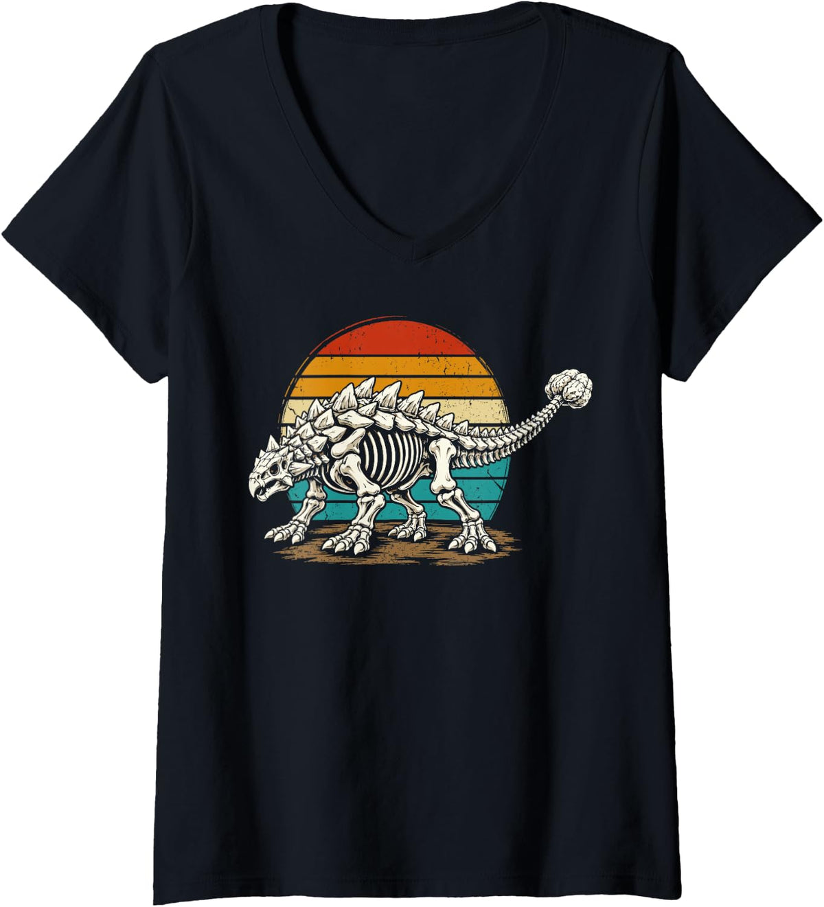 Women's Ankylosaurus Skeleton Dinosaur Paleontology Fossil Kids V-Neck T-Shirt - Black