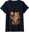 Women's Pembroke Welsh Corgi Howling Moon Animal Pine Forest Night V-Neck T-Shirt - Black
