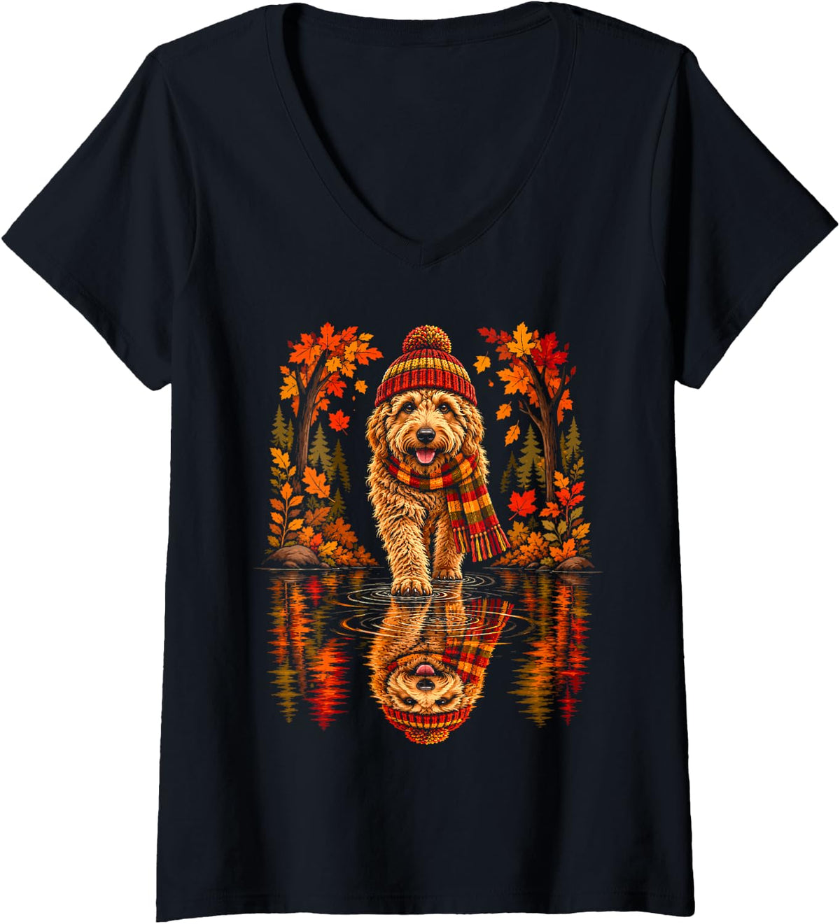 Women's Fall Goldendoodle with Autumn Leaves Cute Forest Dog Art V-Neck T-Shirt - Black