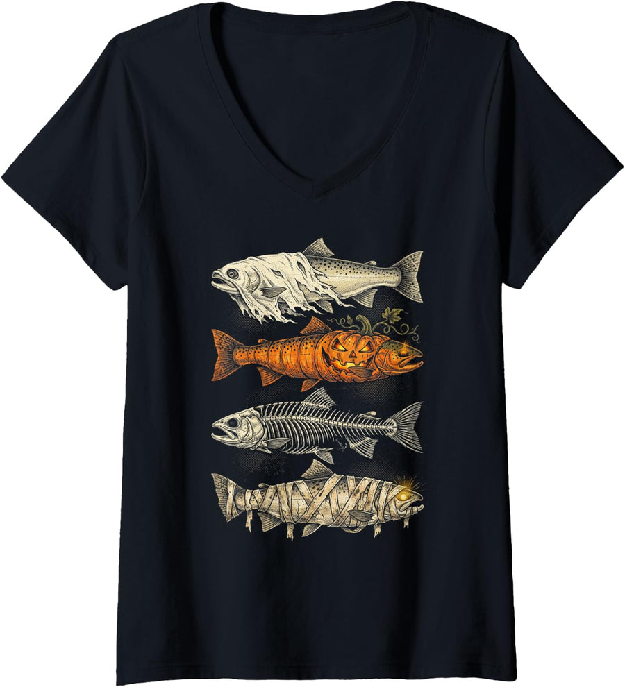 Women's Steelhead Trout Fishing Halloween Ghost Pumpkin Skeleton V-Neck T-Shirt - Black