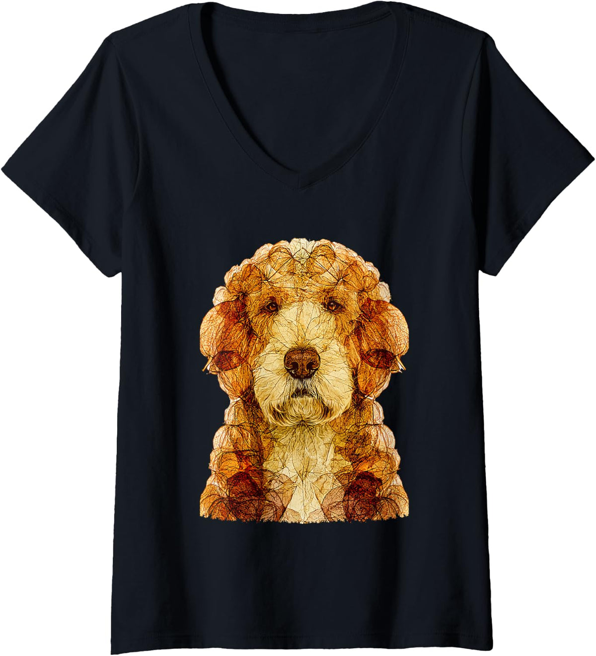Women's Cute Goldendoodle with Fall Leaves Artistic Autumn Dog Art V-Neck T-Shirt - Black