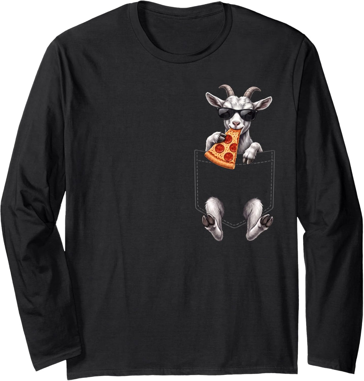 Goat Pocket Pizza Slice Italian Food Lover Long Sleeve T-Shirt - Adult Unisex Black