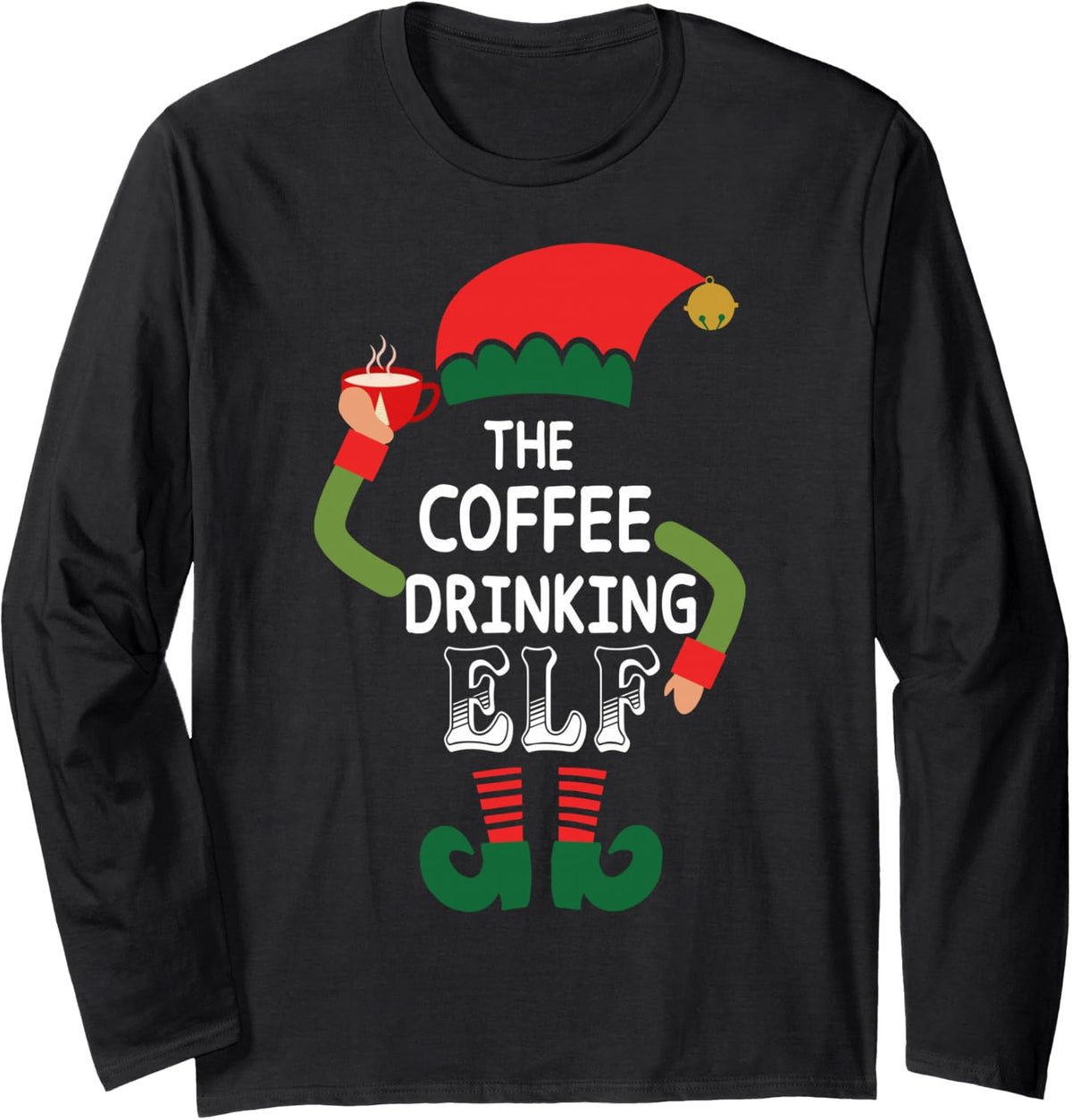 Coffee Drinking Elf Group Matching Family Christmas Funny Long Sleeve T-Shirt - Adult Unisex Black