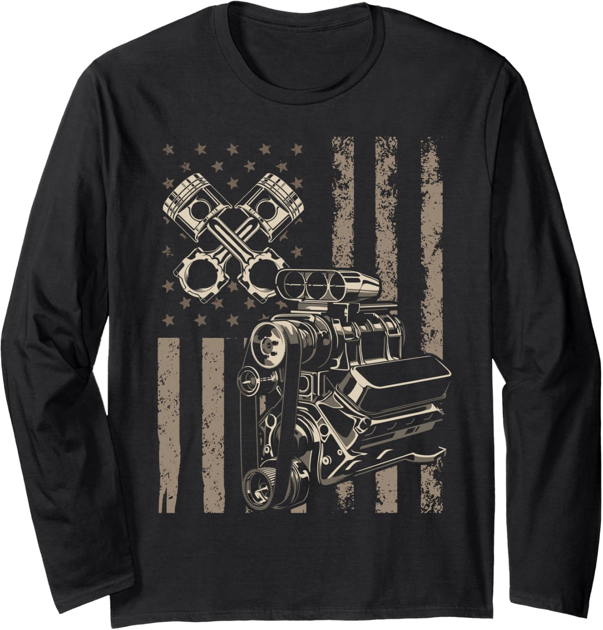 American Flag Piston Muscle Car for Patriotic Auto Mechanics Long Sleeve T-Shirt - Adult Unisex Black