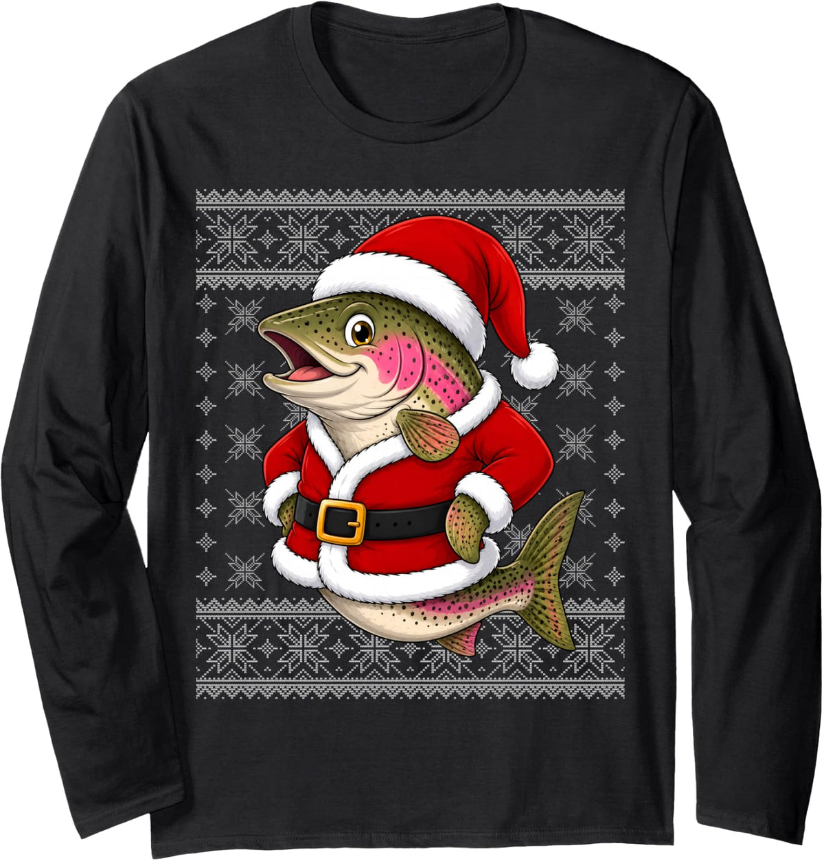 Fishing Rainbow Trout Fish Christmas Santa Costume Ugly Xmas Long Sleeve T-Shirt - Adult Unisex Black