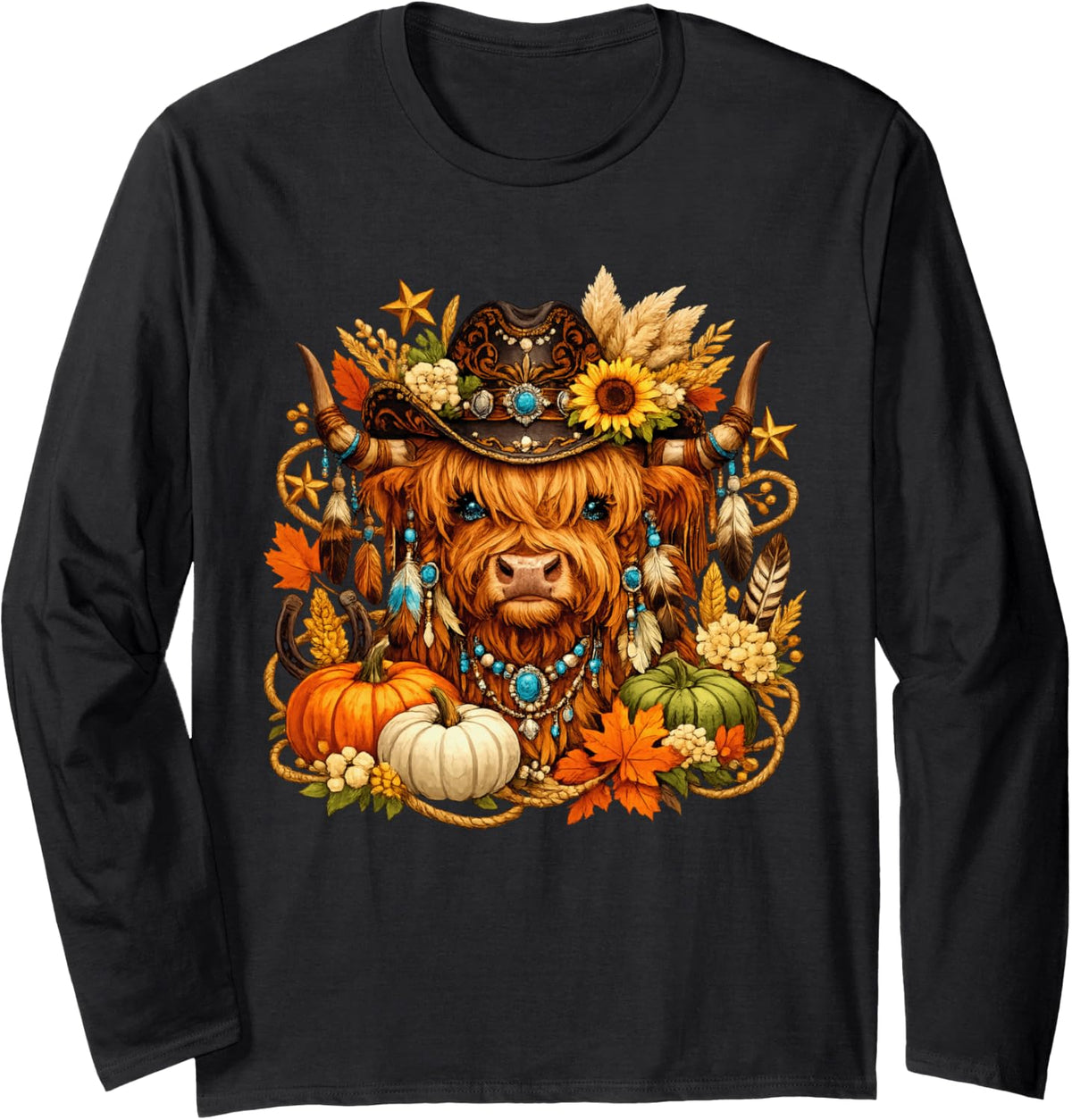 Highland Cow Autumn Boho Cowboy Hat, Sunflowers, Pumpk Long Sleeve T-Shirt - Adult Unisex Black