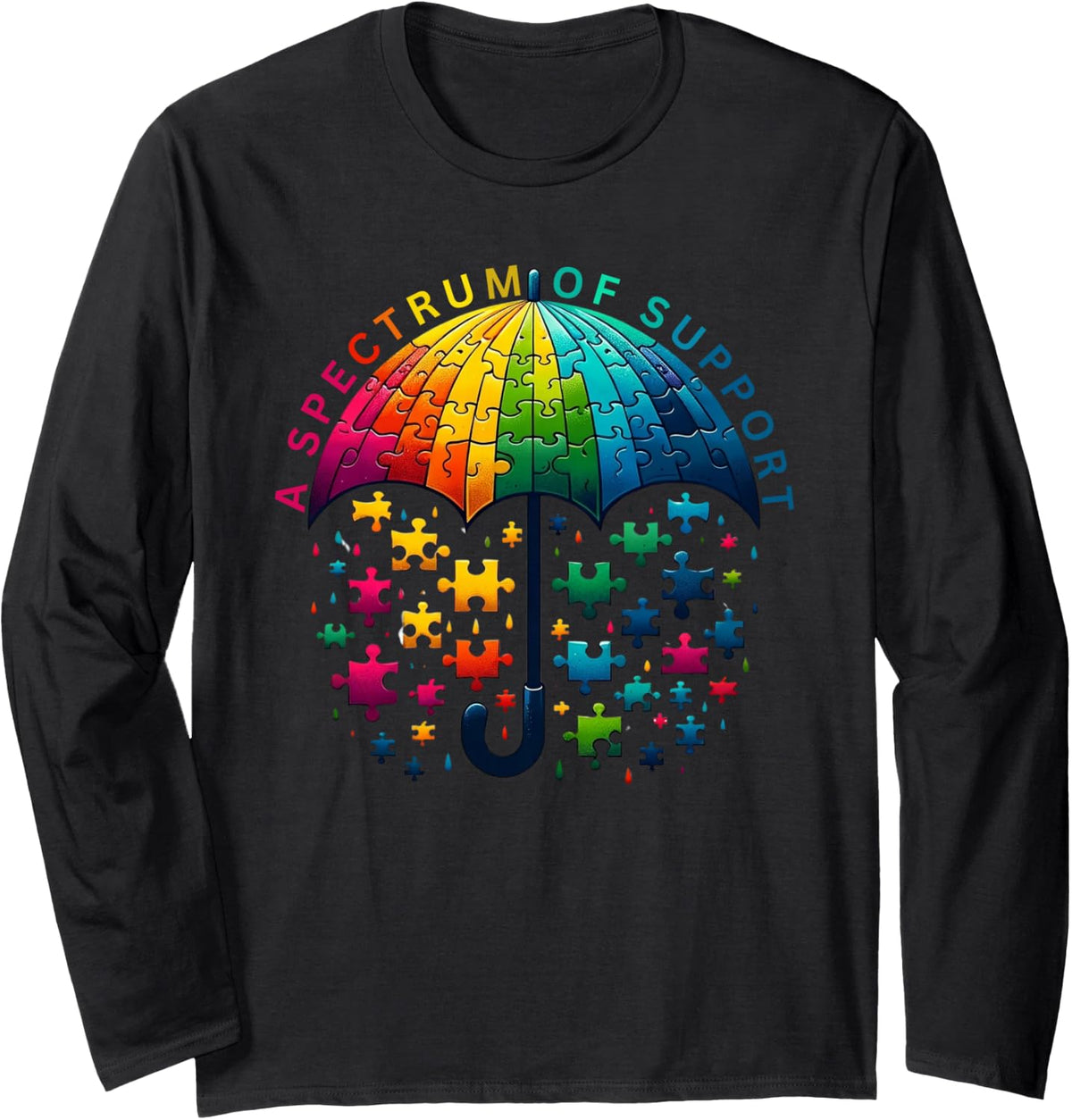 Autism Awareness Support Puzzle Umbrella Neurodiversity Long Sleeve T-Shirt - Adult Unisex Black