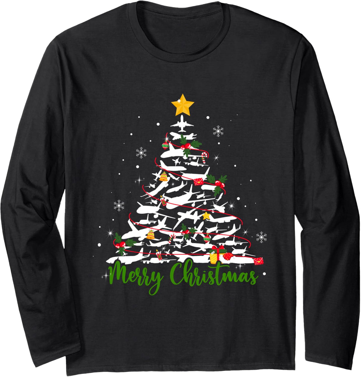 Merry Christmas Airplane Christmas Tree Most Likely Pilot Long Sleeve T-Shirt - Adult Unisex Black
