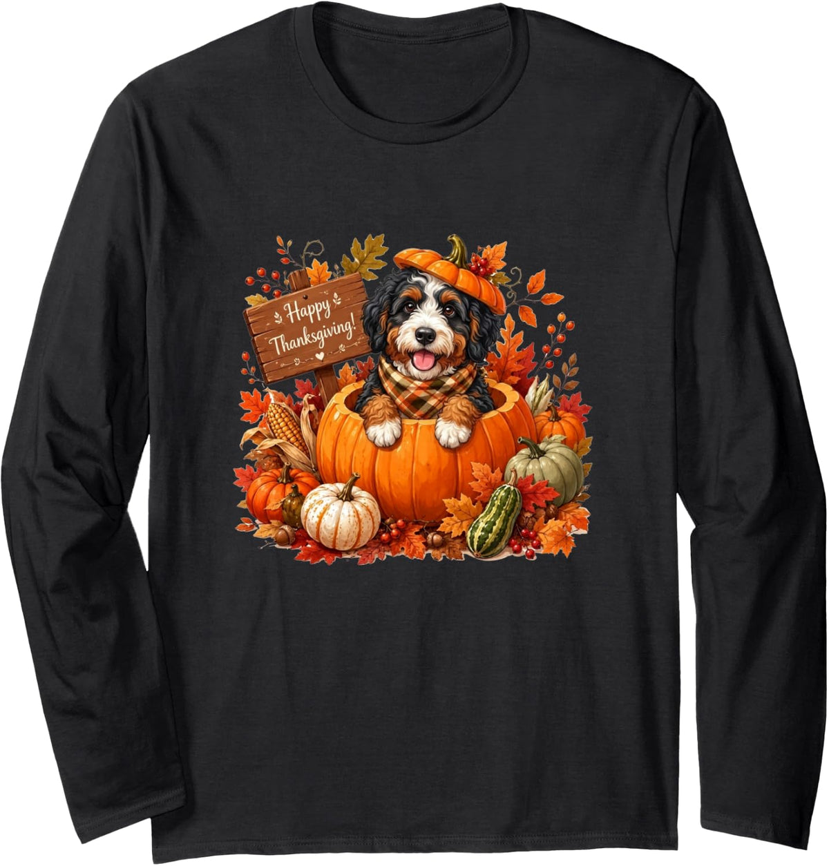 Bernedoodle Inside Pumpkin Fall Leaves Thanksgiving Owner Long Sleeve T-Shirt - Adult Unisex Black
