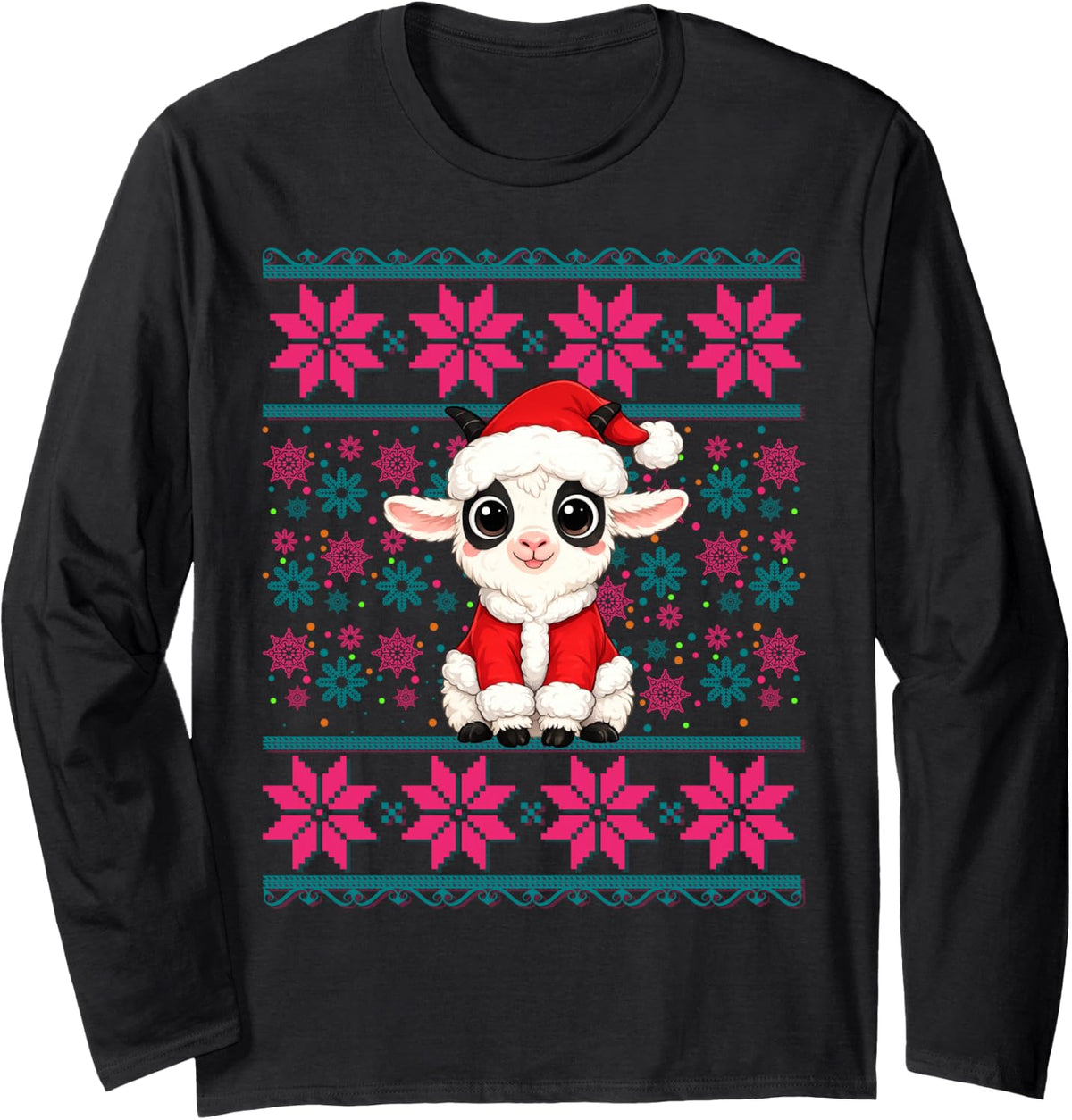 Cute Goat Wearing Santa Hat Ugly Christmas Pajama Girls Long Sleeve T-Shirt - Adult Unisex Black