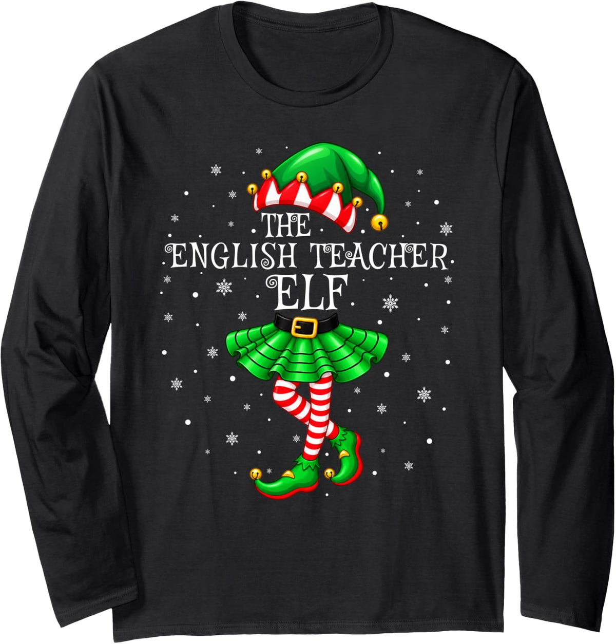 English Teacher Elf Christmas Matching Pajamas Elf Squad Long Sleeve T-Shirt - Adult Unisex Black