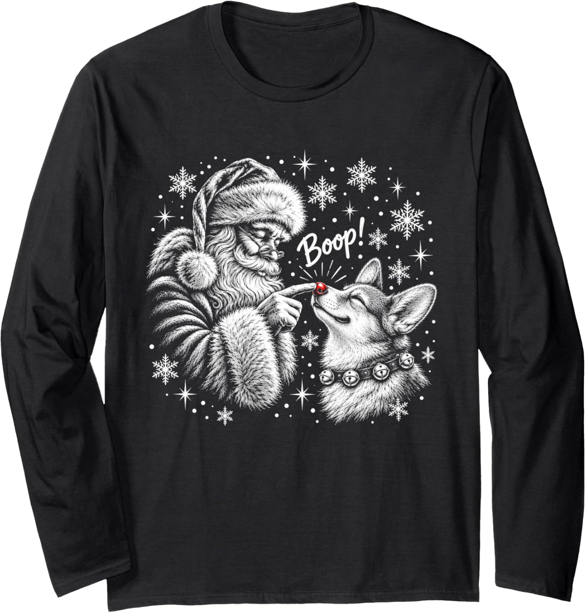 Pembroke Welsh Corgi Santa Boo-p Nose Touch Christmas Dog Long Sleeve T-Shirt - Adult Unisex Black
