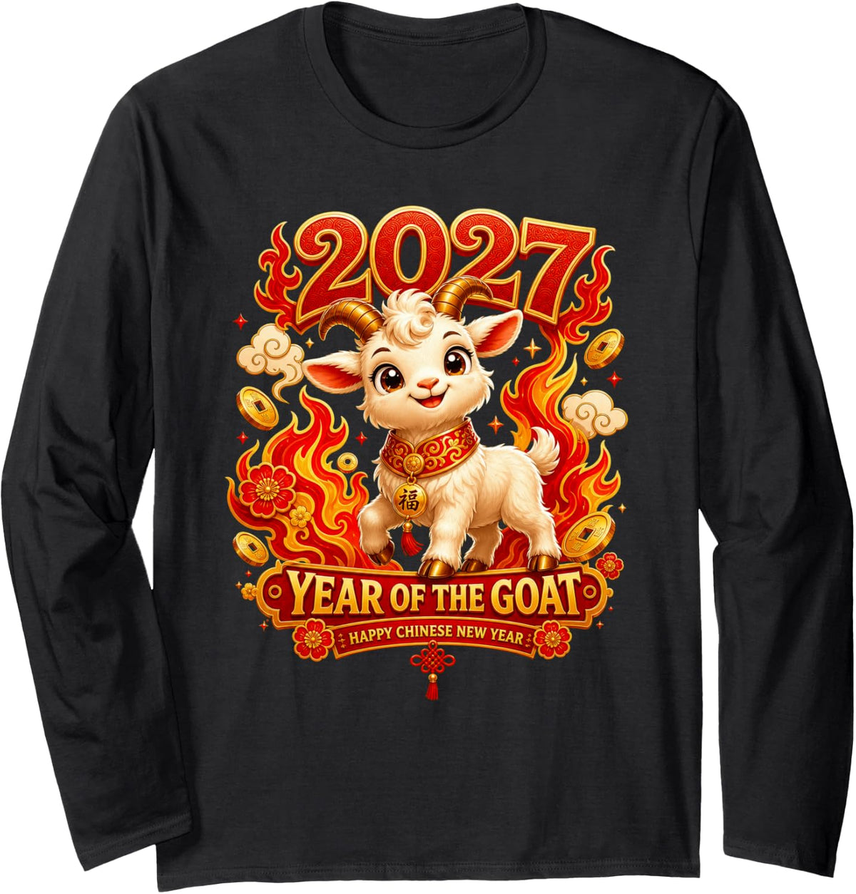 2027 Year of The Goat Chinese New Year Cute Goat Zodiac Long Sleeve T-Shirt - Adult Unisex Black