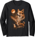 Pembroke Welsh Corgi Howling Moon Animal Pine Forest Night Long Sleeve T-Shirt - Adult Unisex Black