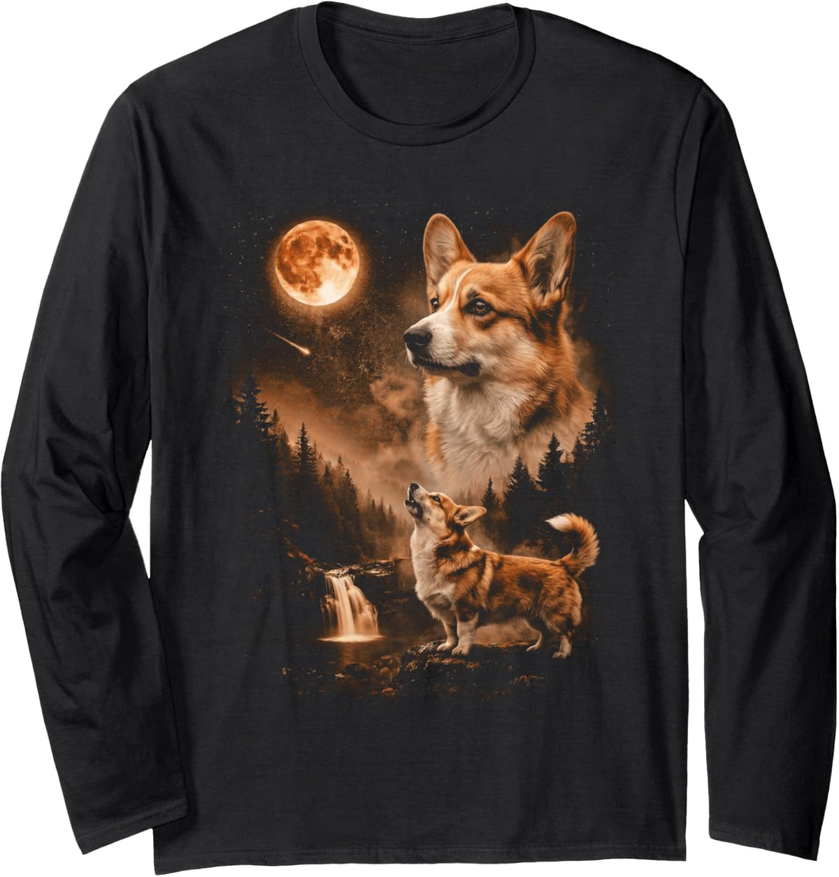 Pembroke Welsh Corgi Howling Moon Animal Pine Forest Night Long Sleeve T-Shirt - Adult Unisex Black