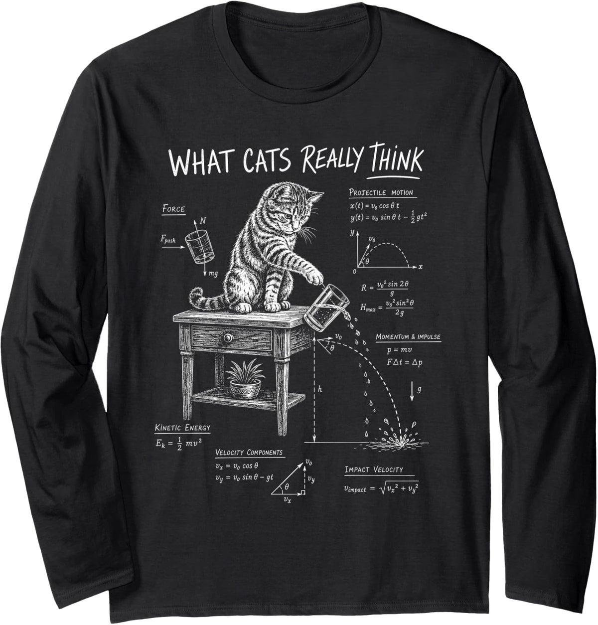 Cat Physics Humor Math Joke What Cats Really Think Long Sleeve T-Shirt - Adult Unisex Black