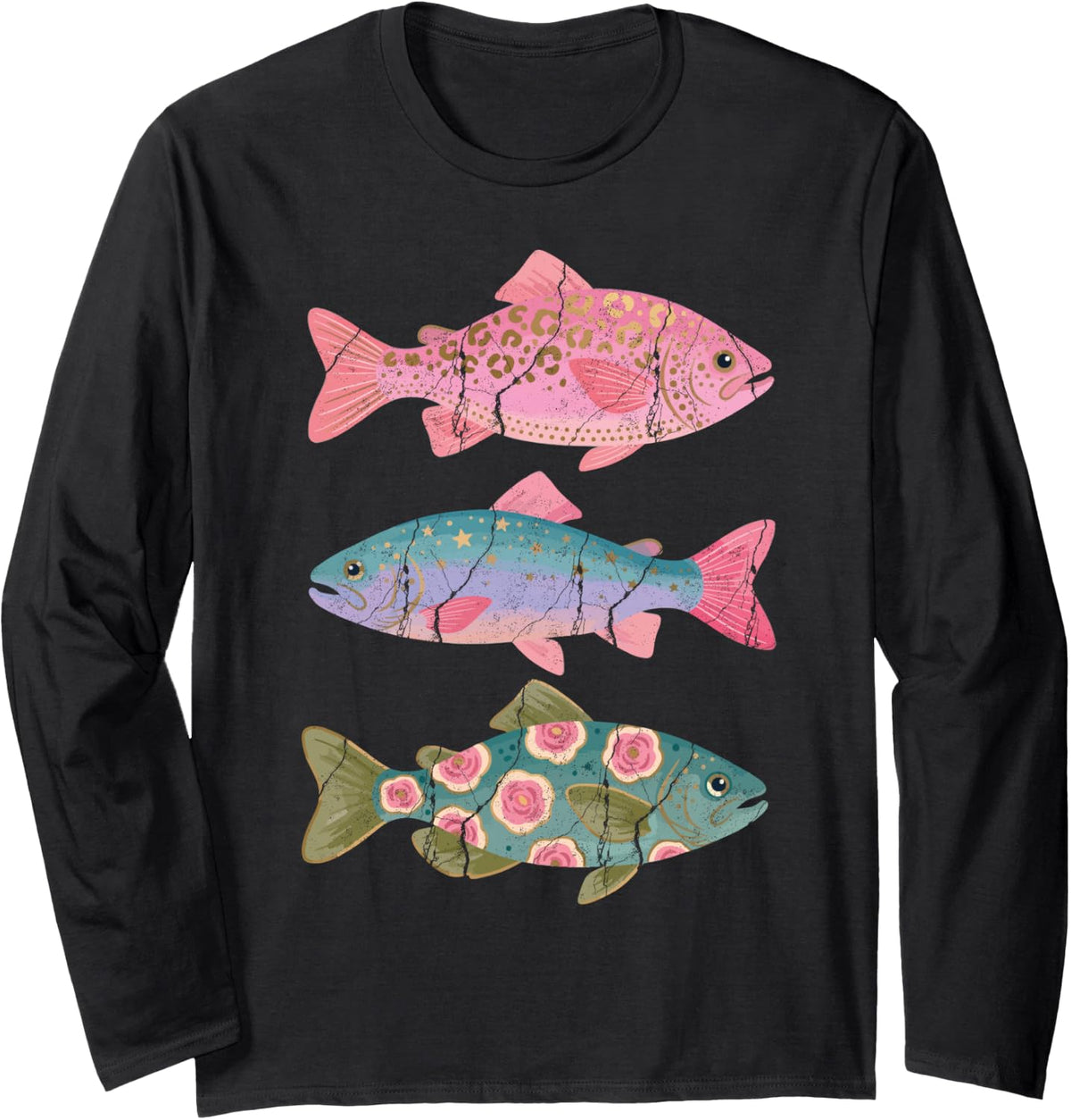 Preppy Rainbow Summer Trout Fishing Colorful Lake Life Retro Long Sleeve T-Shirt - Adult Unisex Black