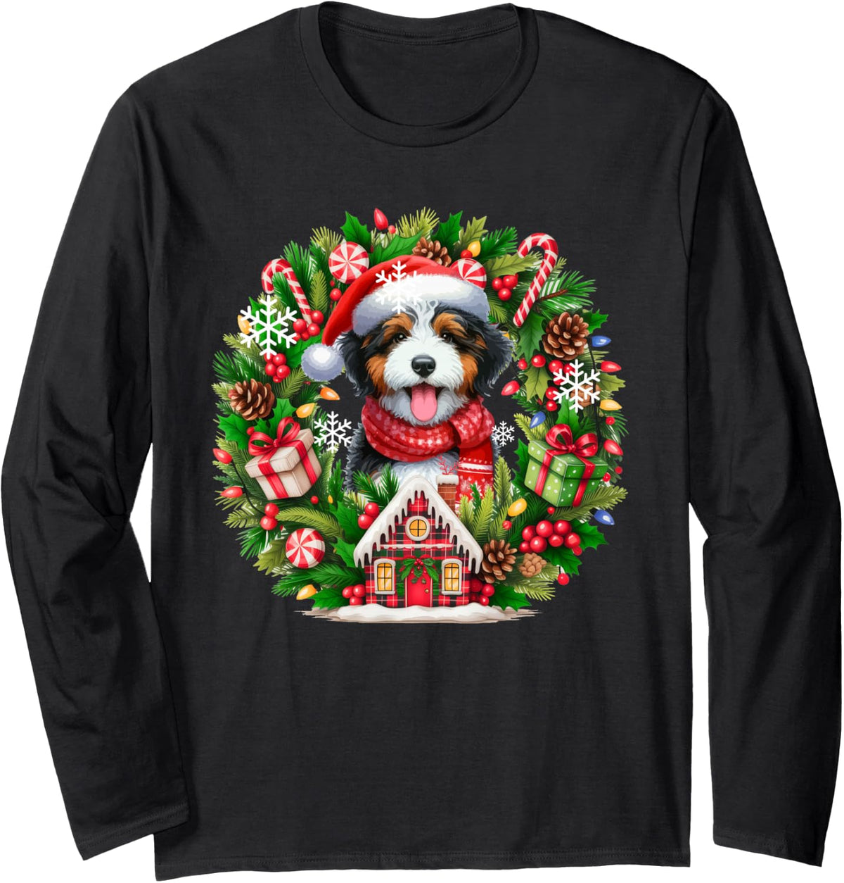 Santa Bernedoodle Christmas Floral Circle Owner Kids Long Sleeve T-Shirt - Adult Unisex Black