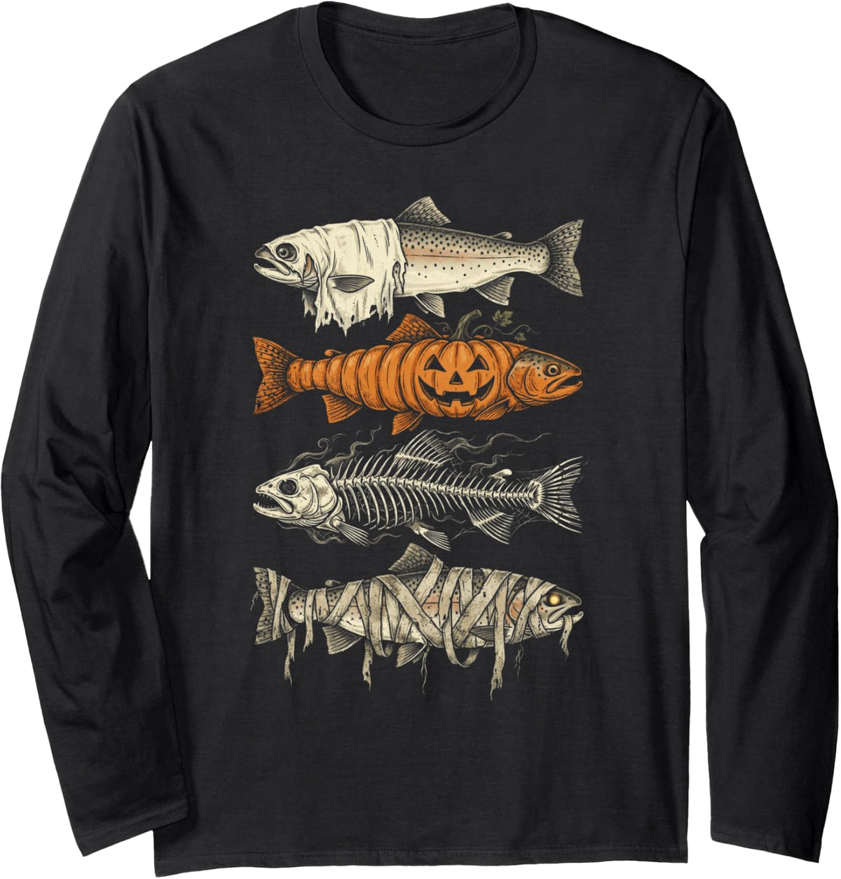 Trout Fishing Halloween Ghost Pumpkin Skeleton Mummy Funny Long Sleeve T-Shirt - Adult Unisex Black