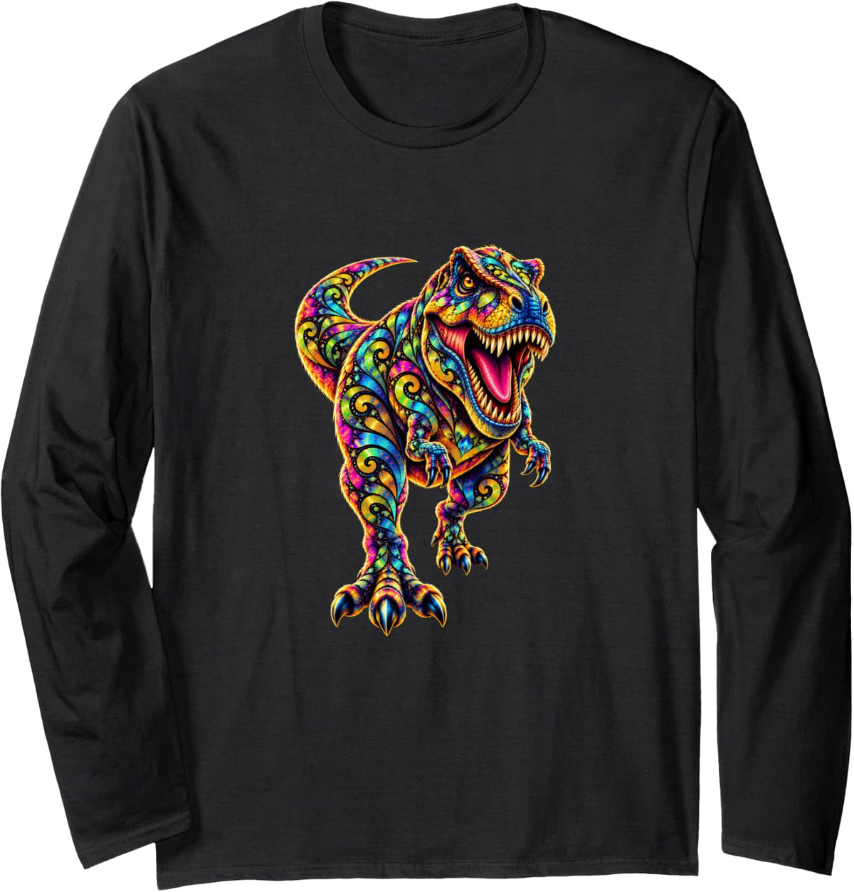 Colorful Psychedelic T-Rex Dinosaur Pattern Art Long Sleeve T-Shirt - Adult Unisex Black