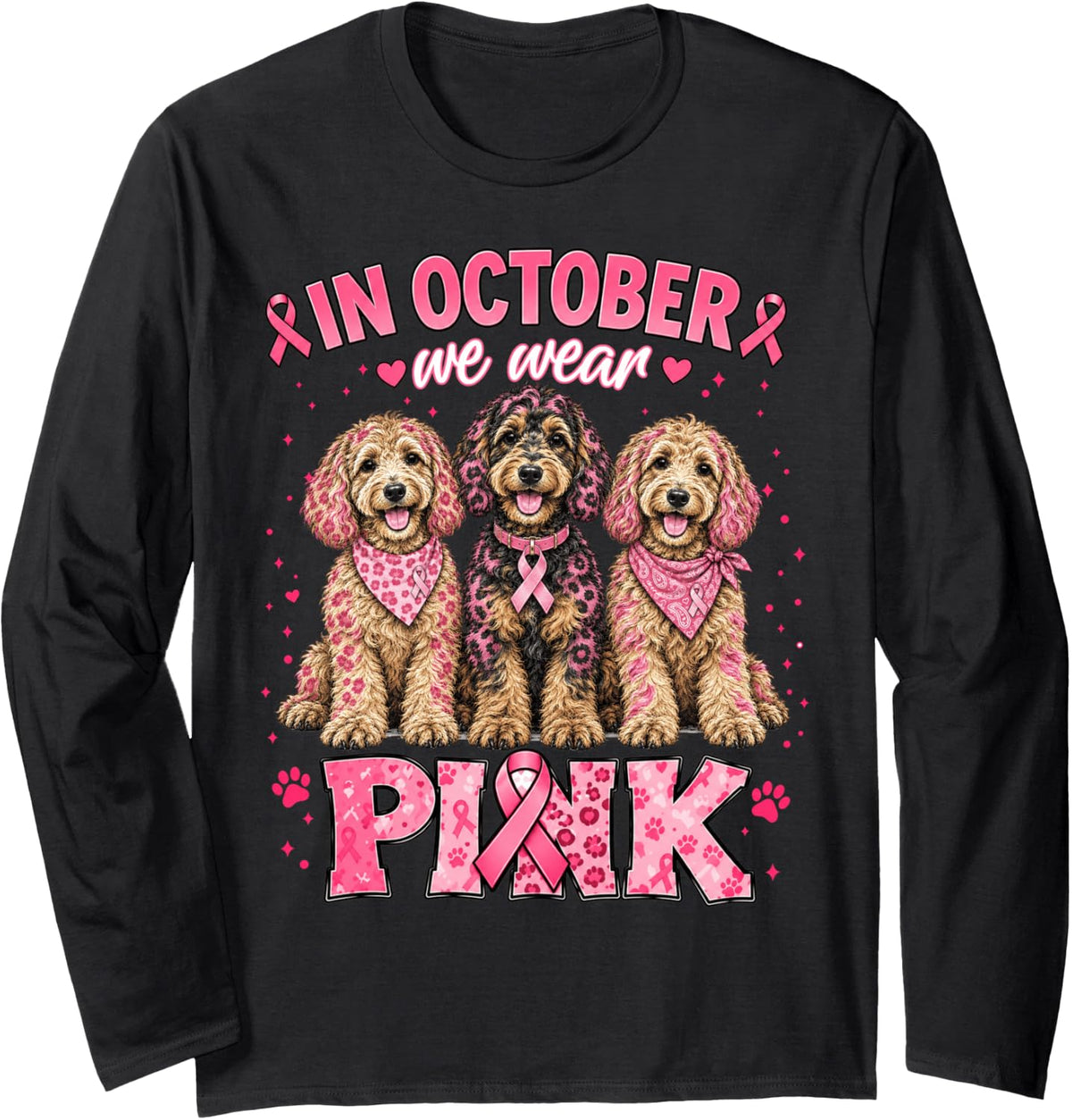 in October We Wear Pink Goldendoodle Breast Cancer Awareness Long Sleeve T-Shirt - Adult Unisex Black