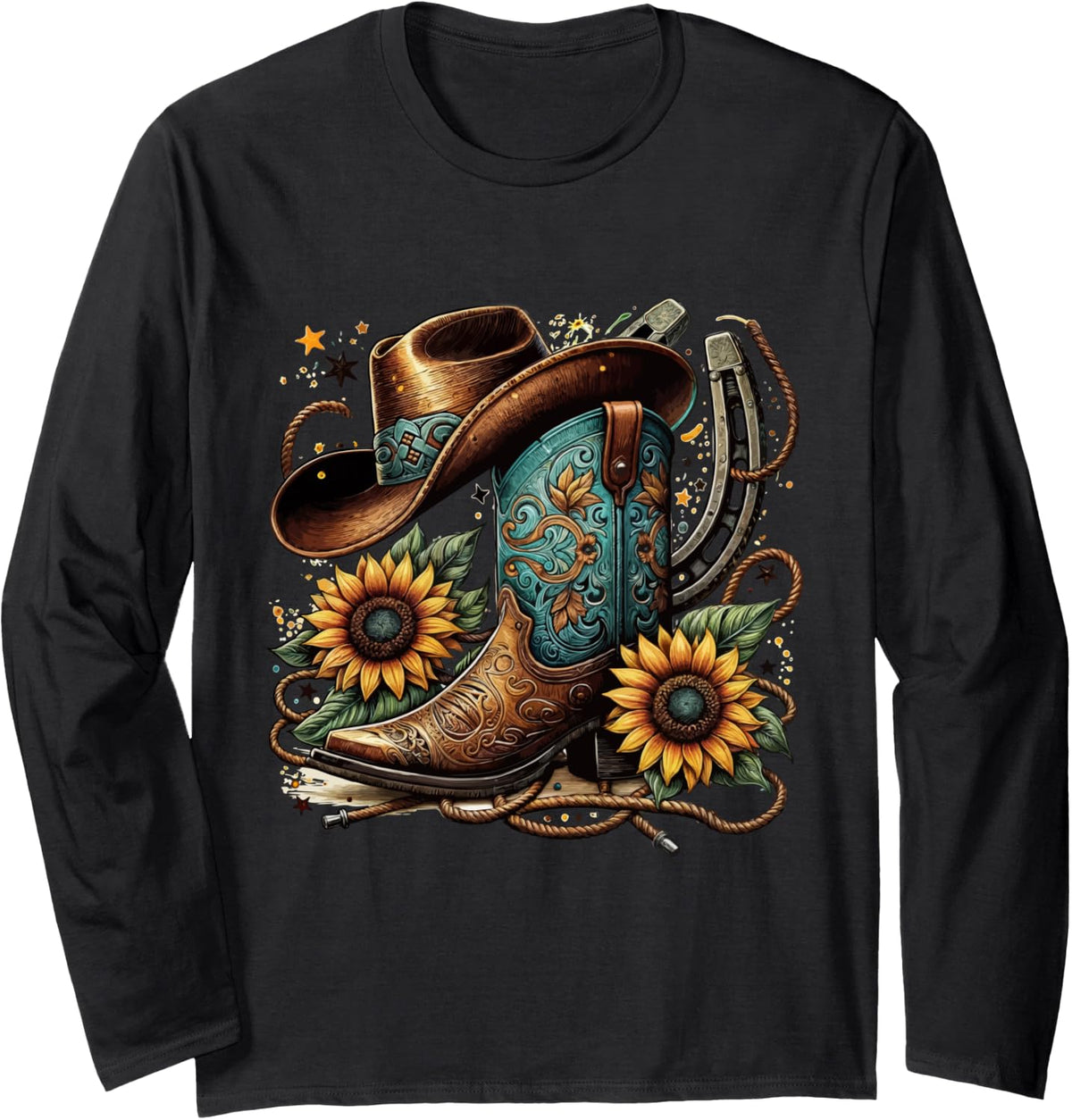 Western Cowboy Boot Horseshoe Sunflower Rope Cowgirl Boot Long Sleeve T-Shirt - Adult Unisex Black