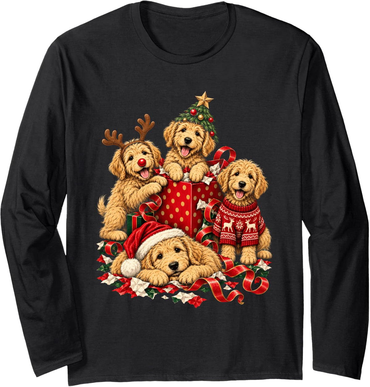 Golden Doodle Christmas Goldendoodle Women Girls Xmas Long Sleeve T-Shirt - Adult Unisex Black