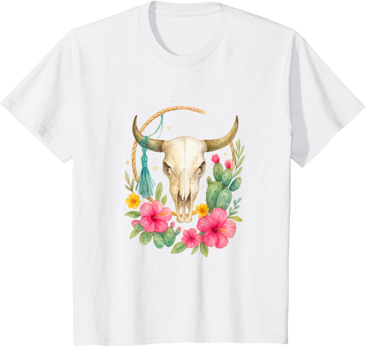 Boho Western Bull Skull Floral Cactus Watercolor T-Shirt - White