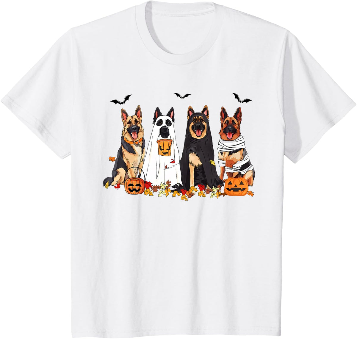 German Shepherd Dogs Dressed As Ghost Autumn Leave Halloween T-Shirt - White