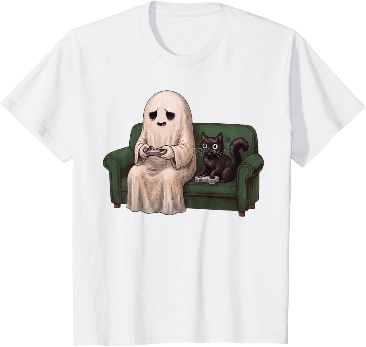 Cute Halloween Shirt Gaming Boo Ghost Black Cat Spooky Gamer Tee T-Shirt - White