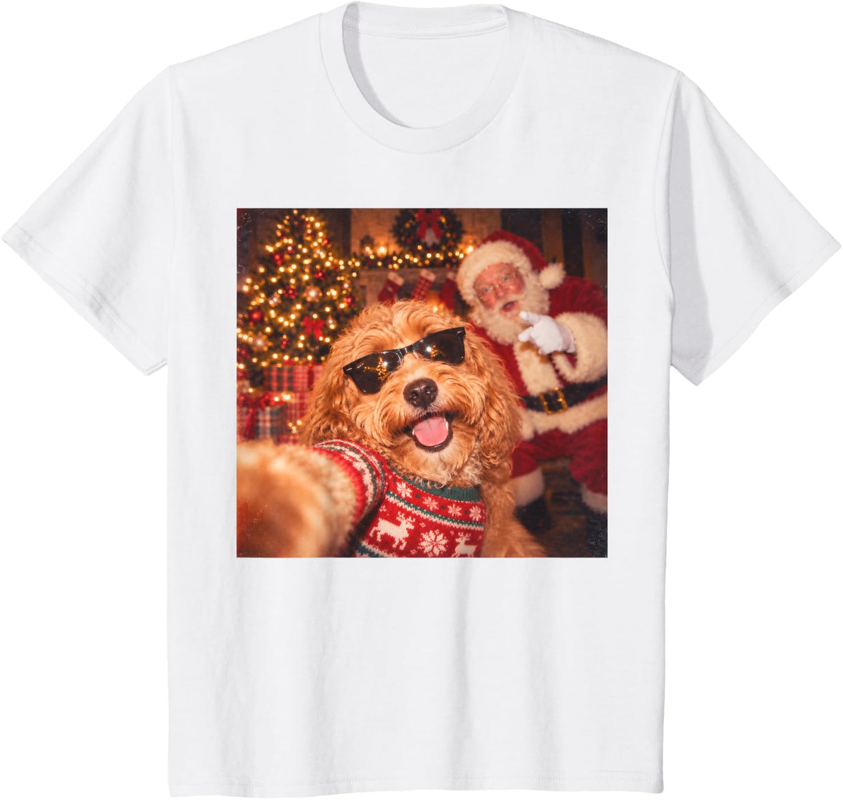 Funny Goldendoodle Christmas Santa Selfie Dog Lover Xmas T-Shirt - White