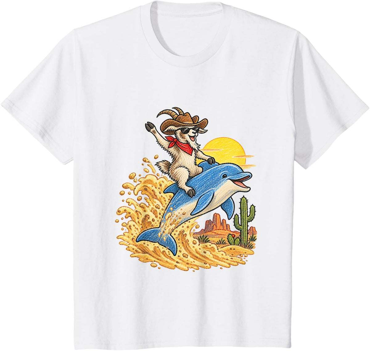 Goat Riding Dolphin Funny Animal Meme T-Shirt - White