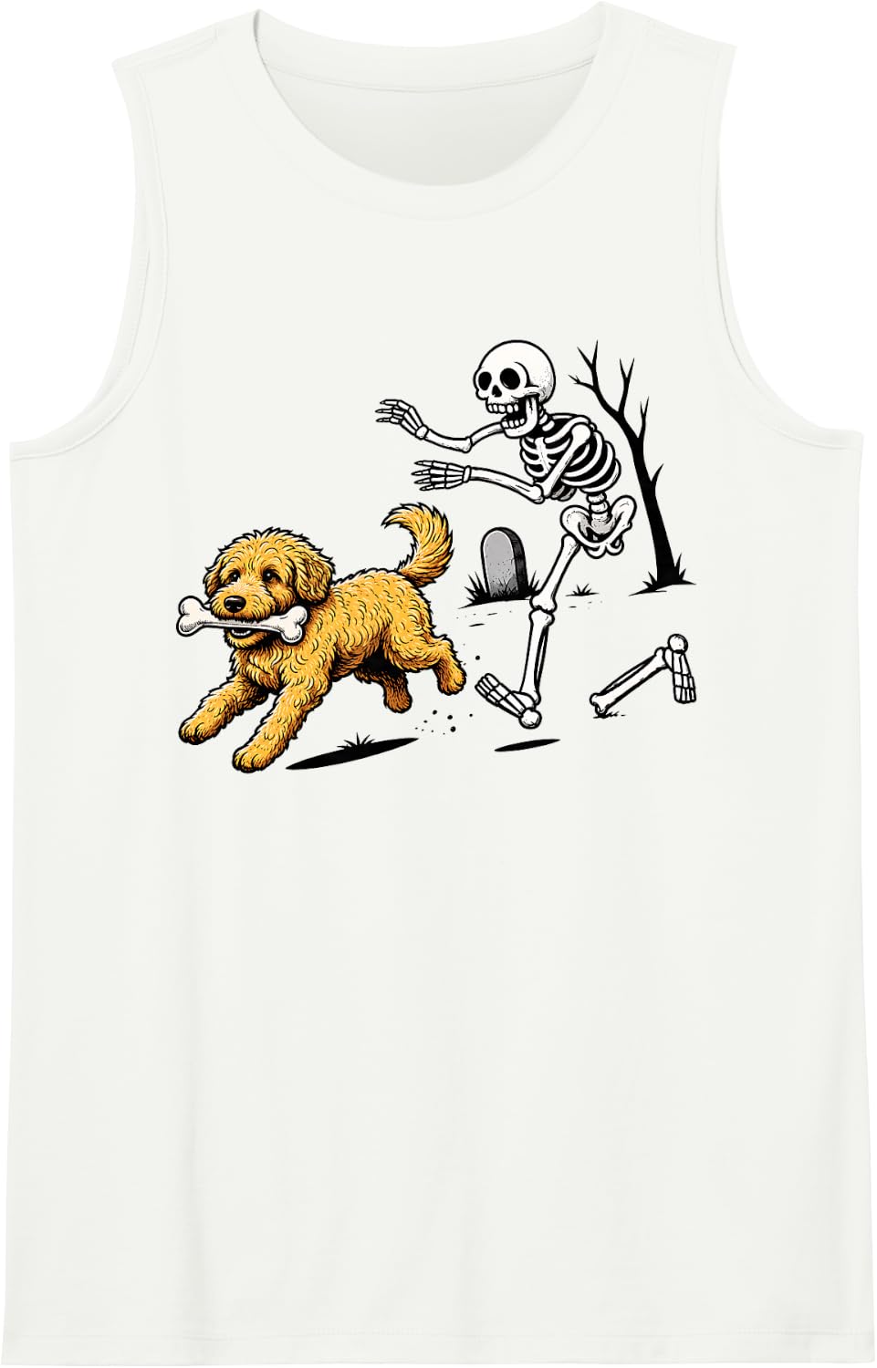Goldendoodle Halloween Skeleton Dog Bone Chasing Graphic Sleeveless Tank Top - White