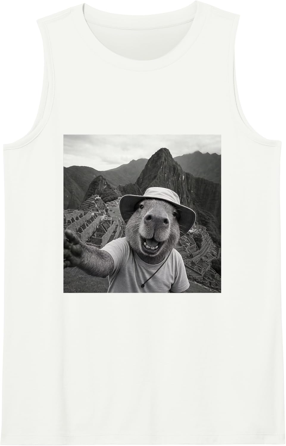 Capybara Selfie Machu Picchu Funny Travel Design Sleeveless Tank Top - White
