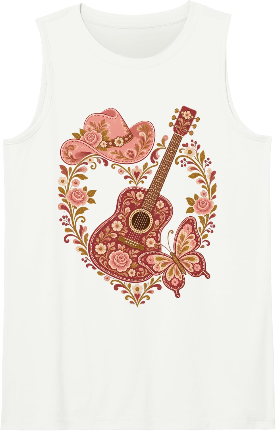 Western Guitar Butterfly Floral Cowgirl Aesthetic Sleeveless Tank Top - White