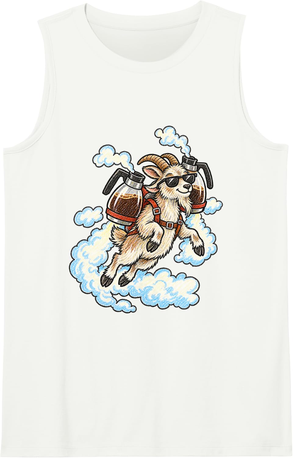 Goat Flying Coffee Jetpack Funny Animal Meme Sleeveless Tank Top - White
