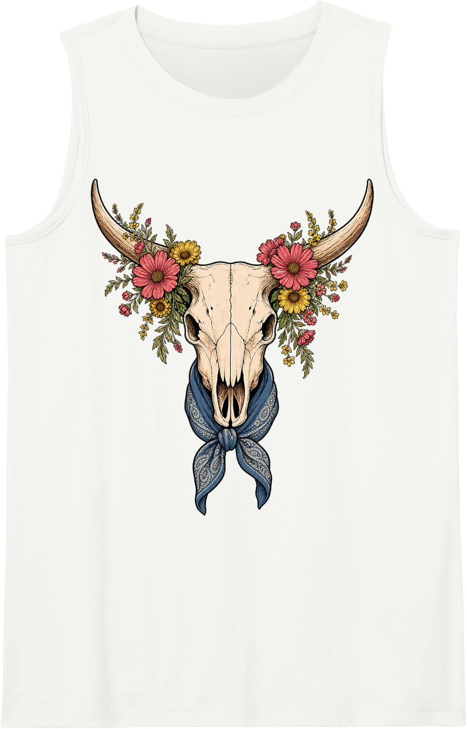 Longhorn Skull Wildflower Wreath Country Girl Boho Sleeveless Tank Top - White