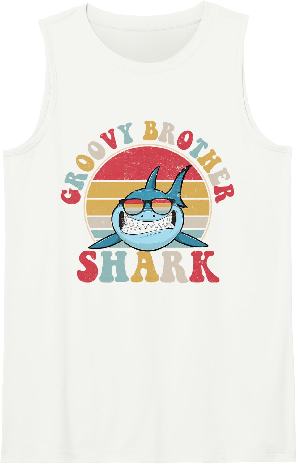 Groovy Brother Shark Retro Colorful Aesthetic Design Big Bro Sleeveless Tank Top - White