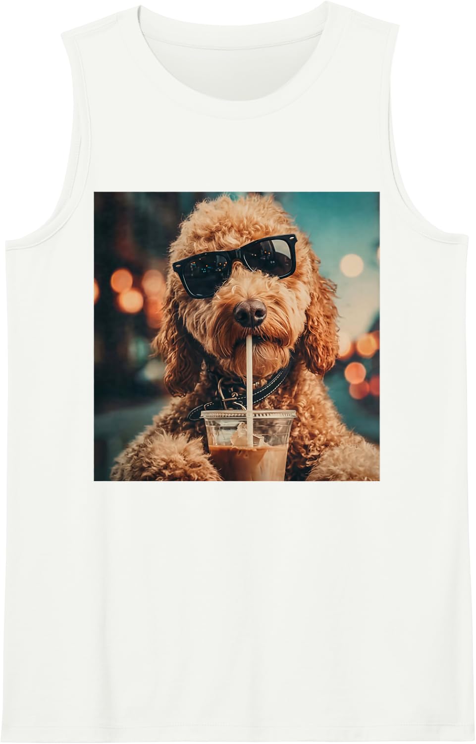 Funny Goldendoodle Drinking Iced Coffee Animal Meme Humor Sleeveless Tank Top - White